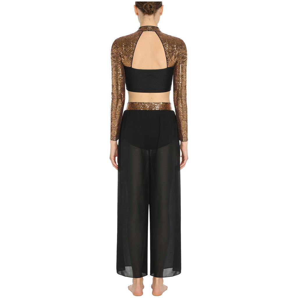 S-XXL Women Two-Piece Lyrical Dance Outfit Mock Neck Long Sleeve Cutout Back Sequins Rhinestones Crop Top with Side Split Sheer Chiffon Pants