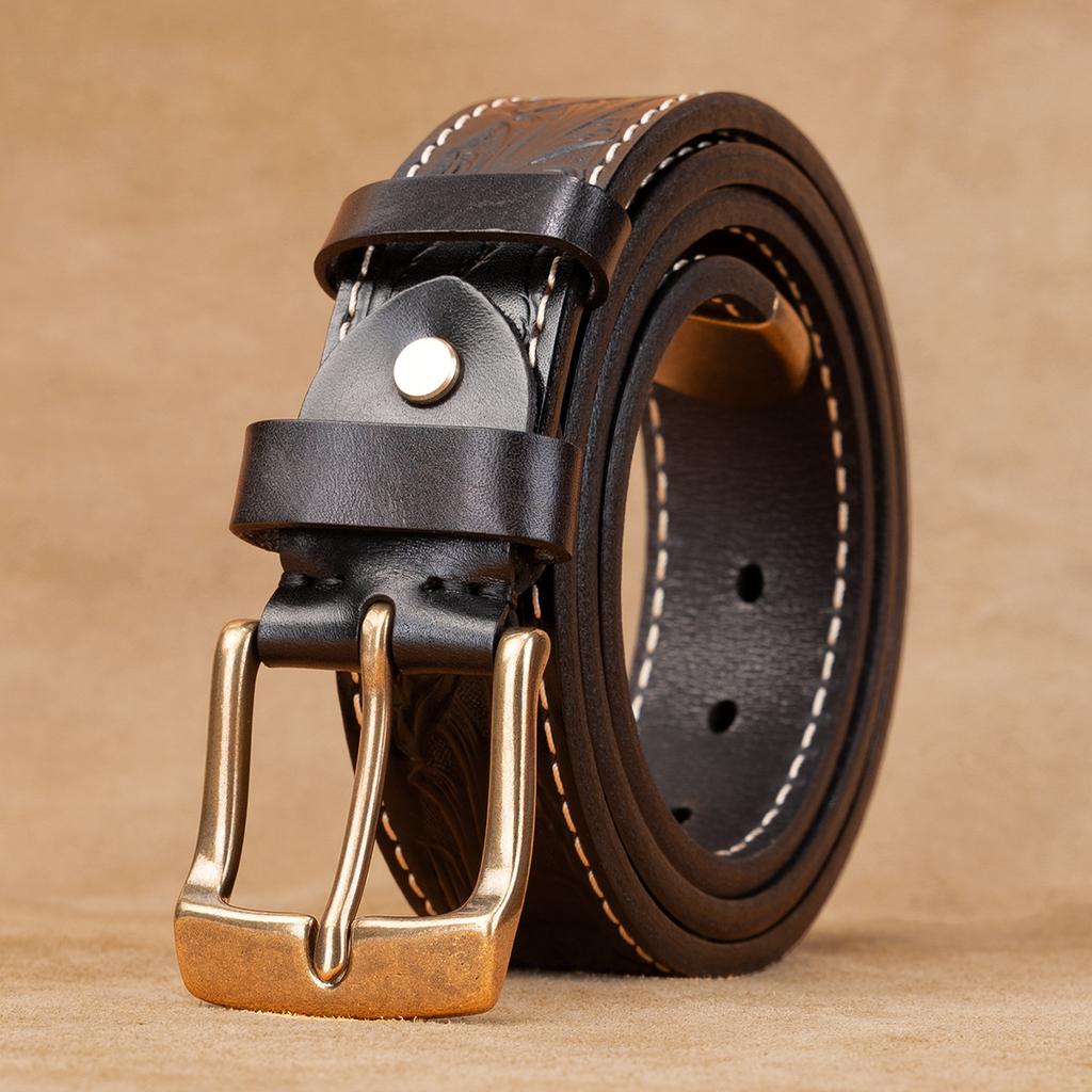 Men'S First-Layer Cowhide Belt Solid Copper Buckle Casual Simple Pin Buckle Leather Belt Business Middle-Aged And Young Men'S Belt