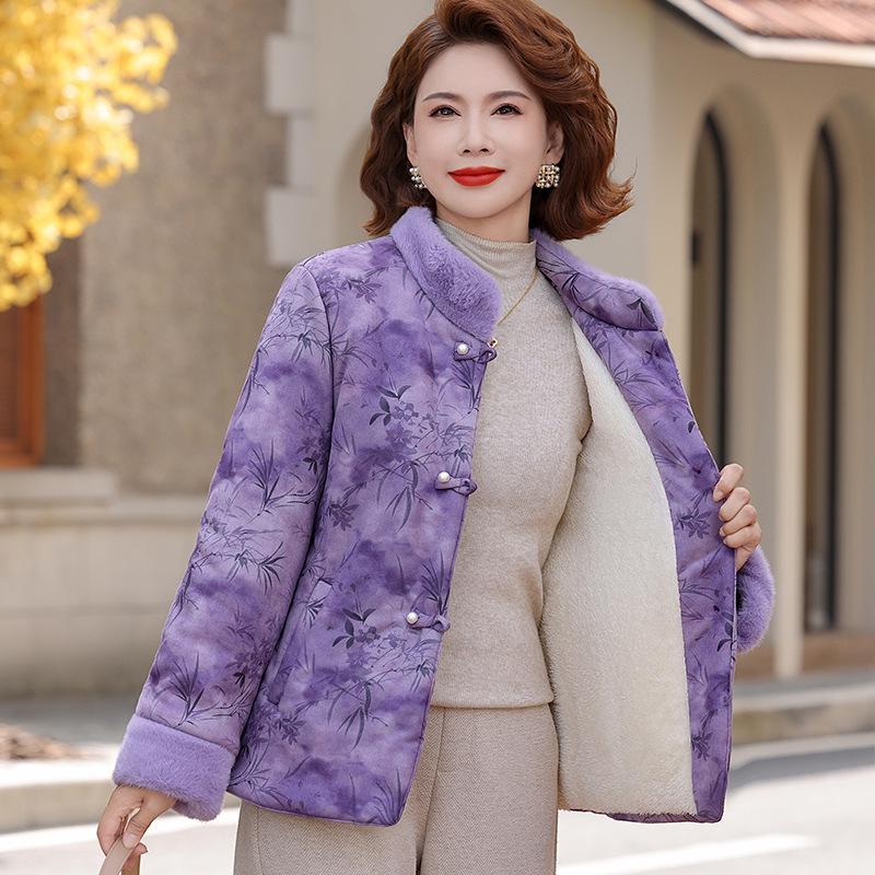

2025 Stylish Velvet-lined Winter Cotton Jacket for Middle-aged & Elderly Women - Chinese Style 4XL