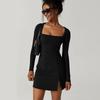 Womens Square Neck Bodice Dress Long Sleeve Side Slit Flare Mini Dresses