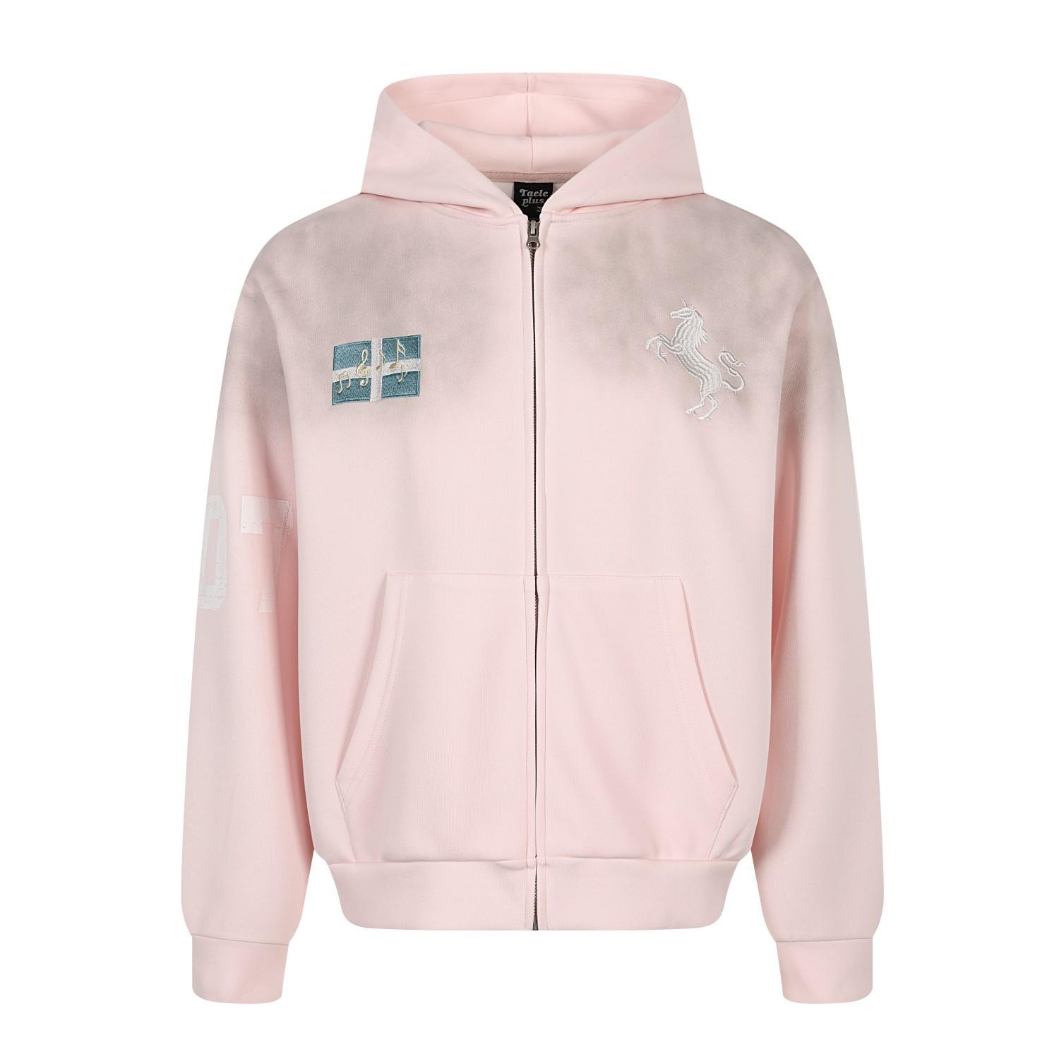 Autumn American Street Dirty Dyed Hoodie Jacket Embroidered Cardigan Zipper Sweater Men and Women S розовый
