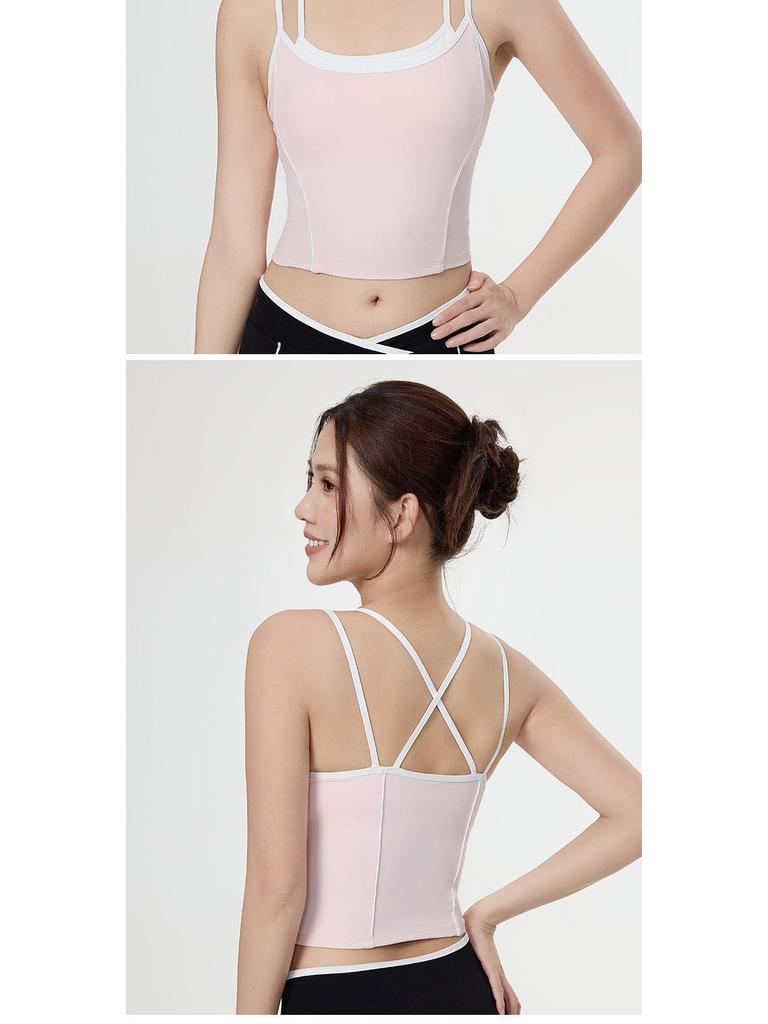 Cross-Border Women's Shockproof Sports Bra with Thin Straps & Color Block Design