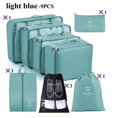 9Pcs Travel Storage Bags Set, Portable Packing Organizers for Clothes Shoes Underwear, Includes Toiletry Bag, Space-Saving
