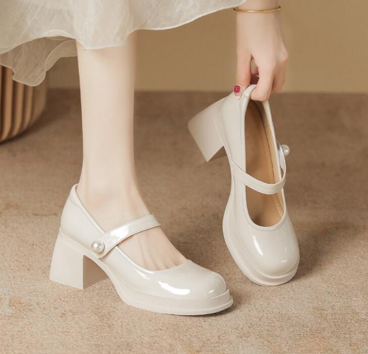 

Модные Элегантные Женские Туфли-Мэри Джейн на Высоком Каблуке, Классические Туфли-Лодочки для Платья, Черные, Белые, на Толстом Каблуке, Женские Свадебные Офисные Туфли 39