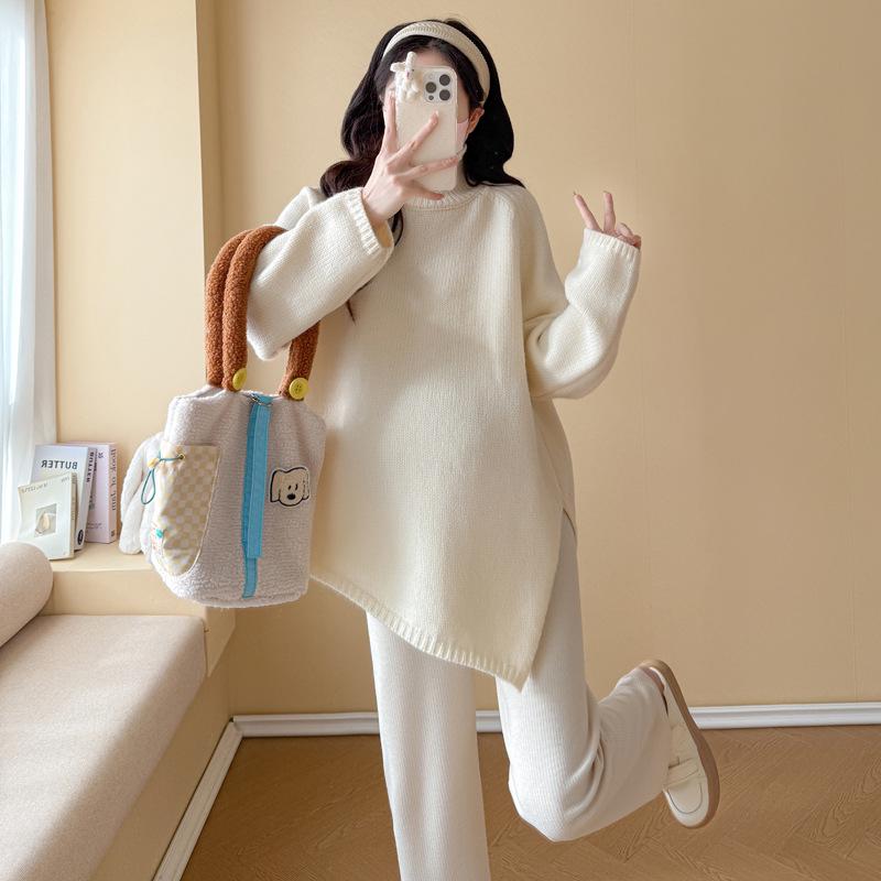 Autumn/Winter Maternity Sweater & Wide-Leg Pants Set - Irregular, Loose & Slimming L