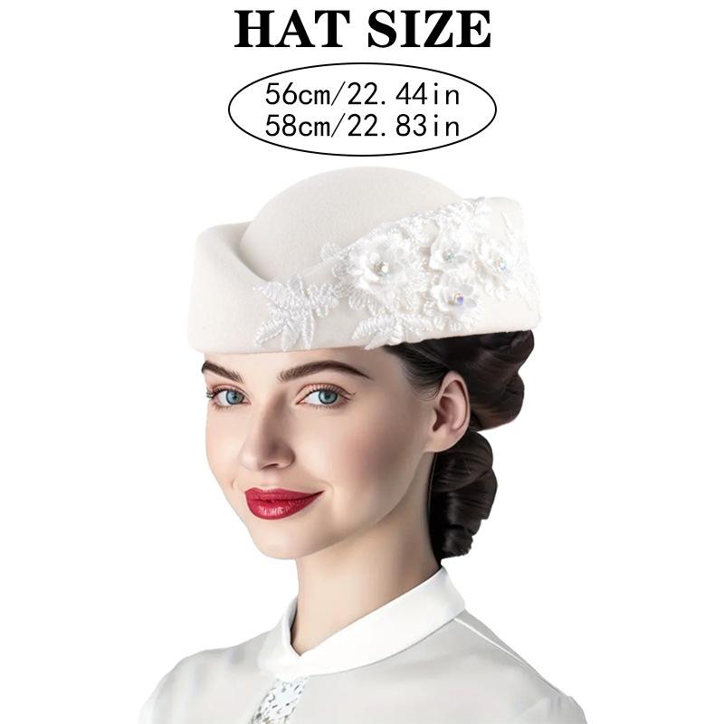 Felt Turban Hat Vintage Rhinestone Flower Church Beret Hats Women Stewardess Party Cosplay Cap Costume Accessory