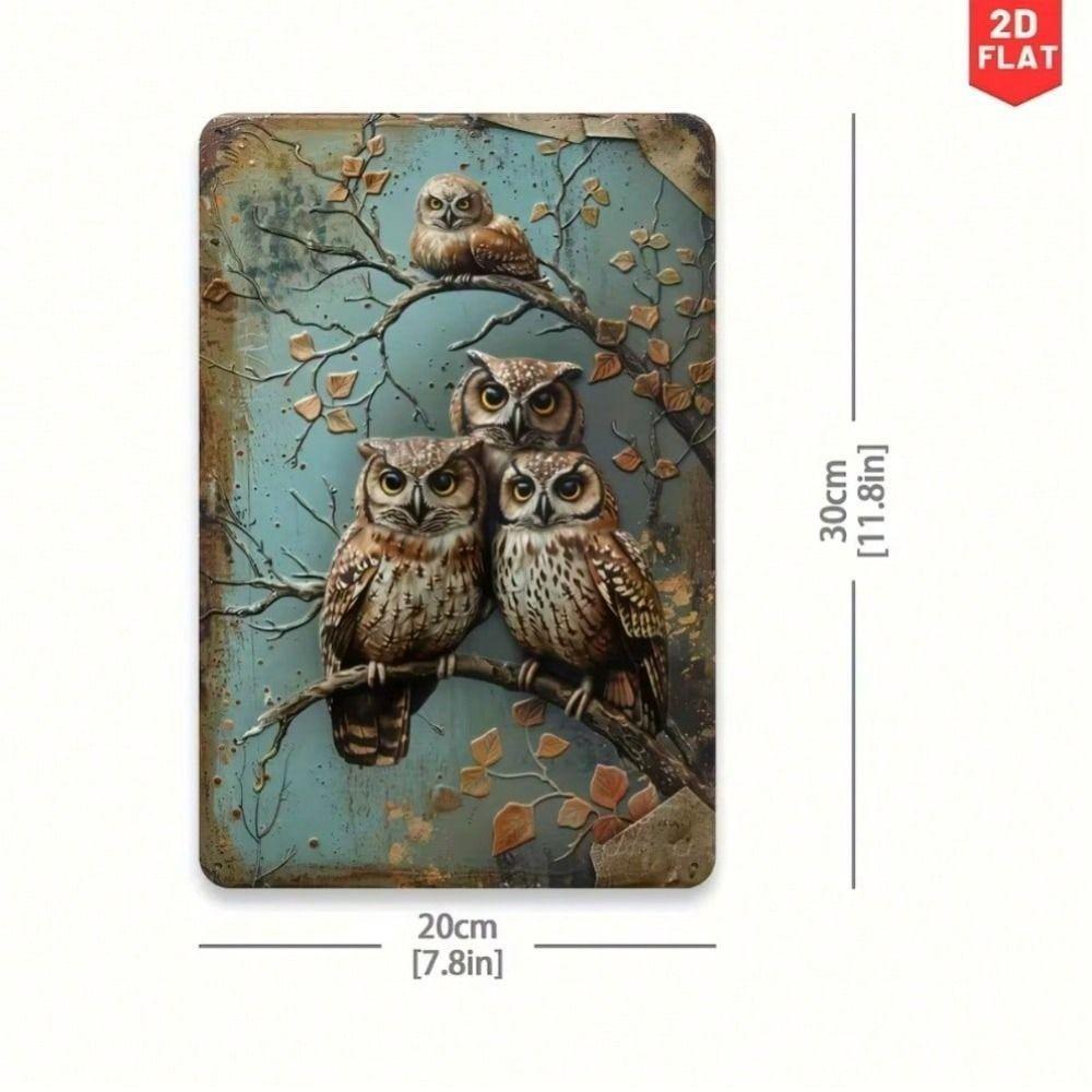 Vintage Owl Metal Poster Wall Art Blue Brown Rustic Home Decor Office Sign