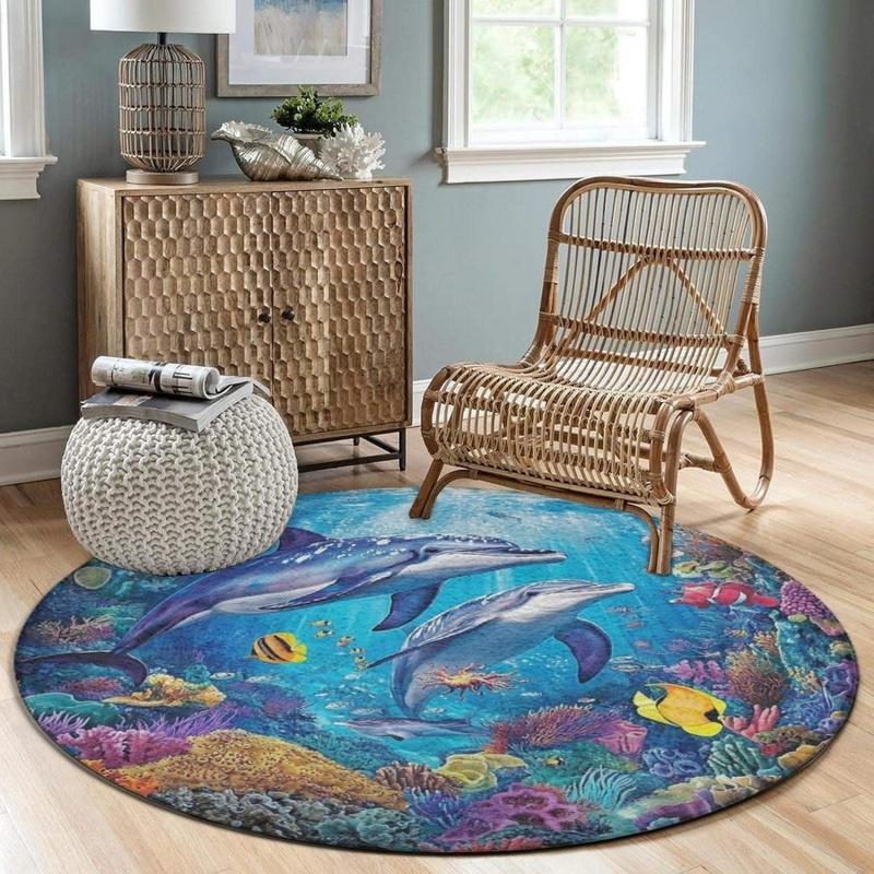 Unterwasser Meeresschildkröte Fisch Runder Teppich Rutschfeste Fußmatte für Kinderzimmer Spielzimmer Meeres-Thema Dekoration