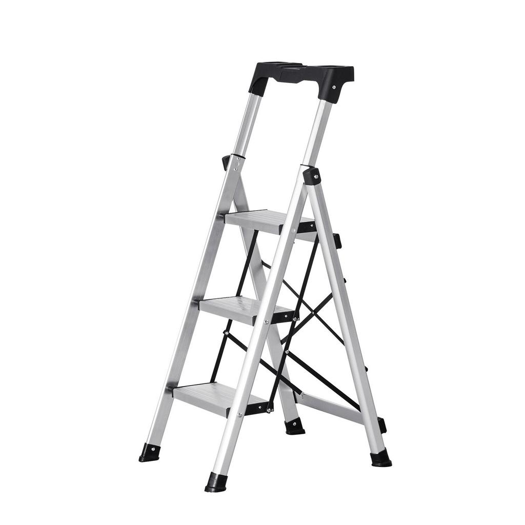 3 Step Ladder, Folding Step Stool with Wide Anti-Slip Pedal and Comfort Handgrip, 150 kg Capacity Portable Aluminum Stepladder, Multi-Use for Kitchen,