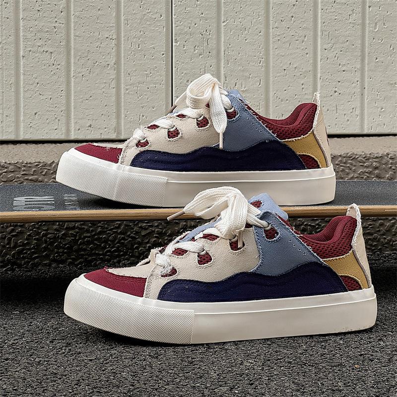 

Модная летняя мужская обувь Модный тренд Дышащие новые комбинированные повседневные туфли на плоской подошве Нишевый дизайн Холщовые кроссовки на массивной подошве, увеличивающие рост 39 красный