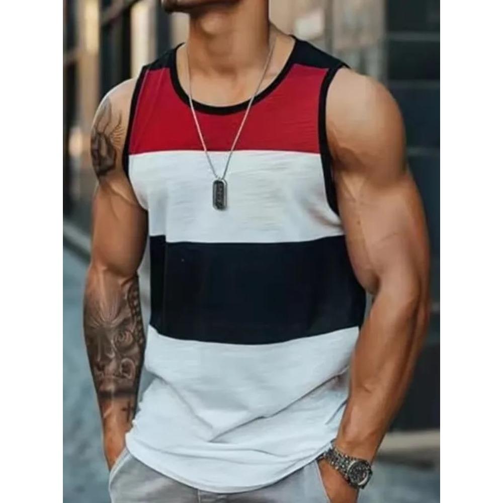 Summer Men's Large Size Colorful Creativity Stripe 3D Printing Vest Loose Fashionable Comfortable Soft Breathable O Neck Sleeveless Vest