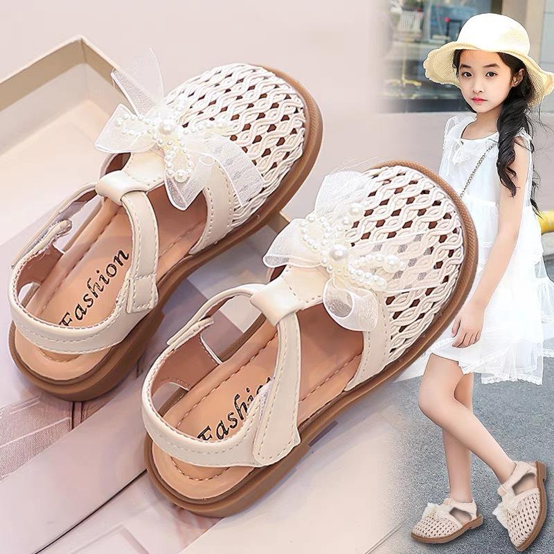 Girls sandals 2025 summer new children's princess shoes girls bag head beach shoes fashion bow woven sandals