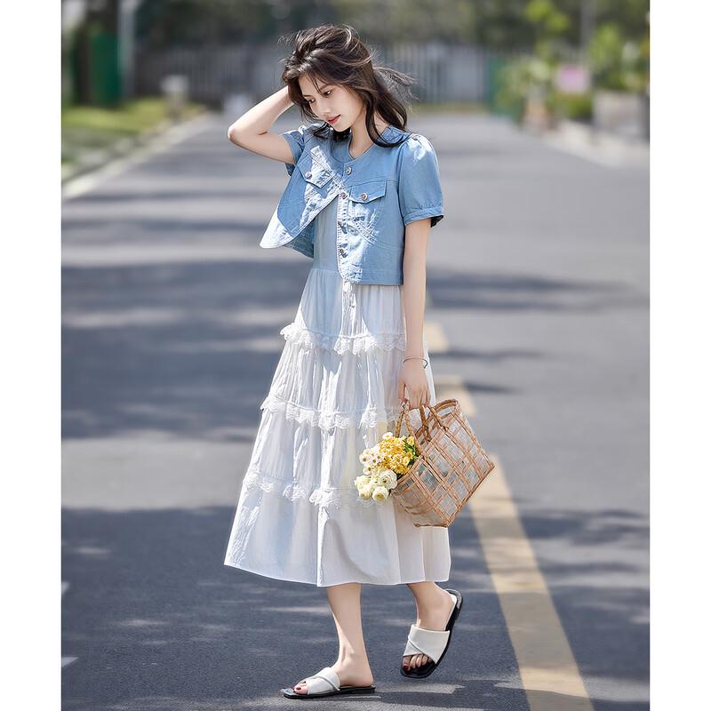 Женский комплект: джинсовый топ с кружевными вставками и платье миди XL