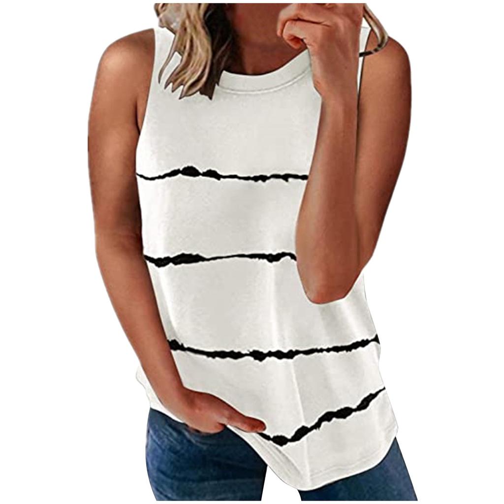 Fashion Women's Loose Sleeveless T-shirt Round Neck Striped Print Tops