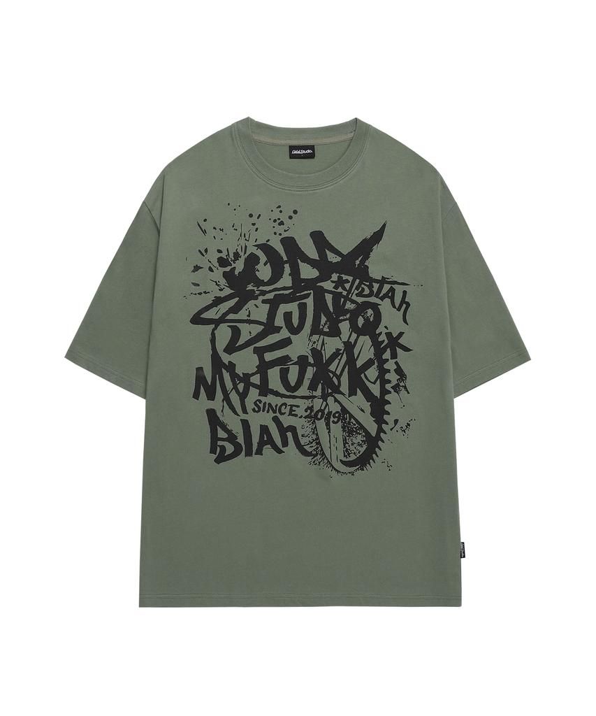 ODDSTUDIO Grunge Graphic Oversized T-Shirt - Khaki