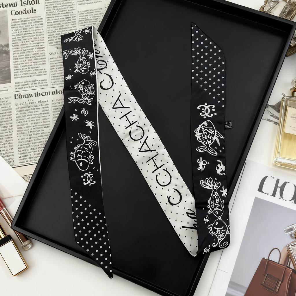 Heavy twill silk scarf, small fragrance style, long strip, thin tie bag, ribbon decorative streamer, neck band, hair band double C
