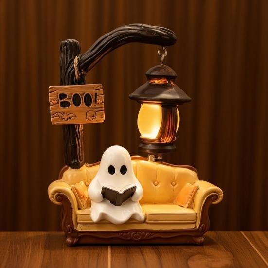 Vintage Style Home Office Ornament Halloween Ghost Reading Book Lamp, Cute Figurine Night Light with Book, Creative Indoor Seasonal Display