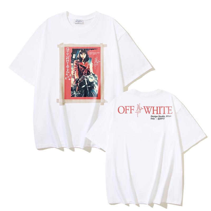 Off-White 2025 Summer New OW Motorcycle Girl Pattern Printed Short Sleeved T-shirt for Men and Women