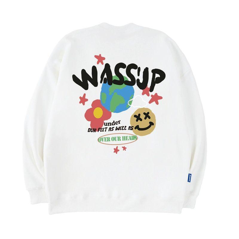 Wassup Trendy Brand Graffiti Smiley Face Earth Round-Neck Sweatshirt for Men, Spring and Autumn Heavyweight Versatile Couple Style American Top