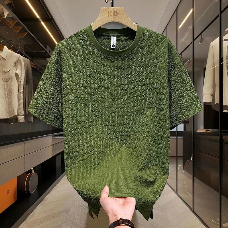 Ice Silk Men T-shirt Short-sleeved High-end New Light Luxury High-quality Solid Color Bubble Yarn Texture Round Neck Hand Towel