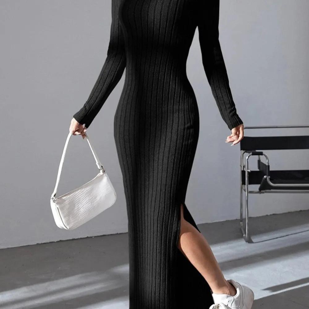 Damska seksowna dzianinowa sukienka z dekoltem w serek, rozcięciem na plecach, jesień zima, długi rękaw, elastyczny, podstawowy sweter