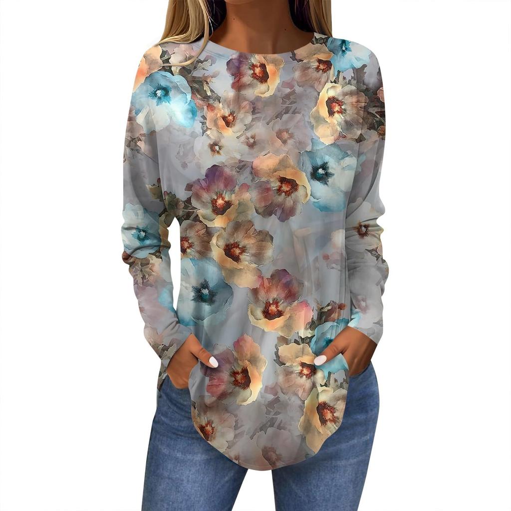 Camiseta de mujer con estampado de hojas en 3D, manga larga, cuello redondo, estilo clásico, ideal para vacaciones, fines de semana, primavera y otoño.