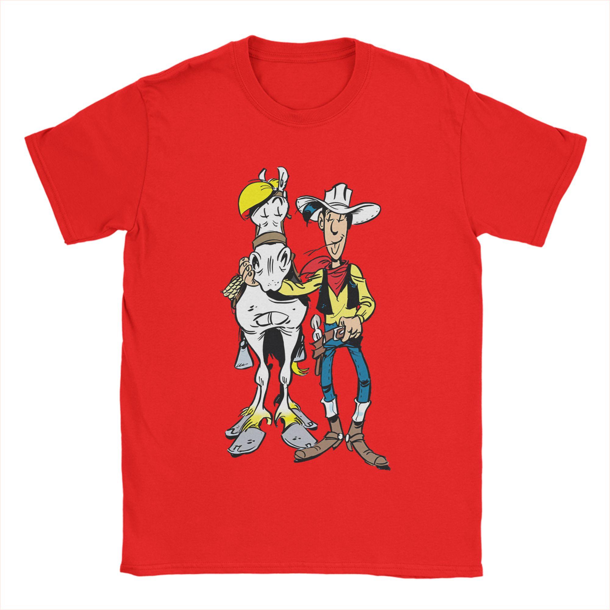 

Lucky Luke T Shirts for Men 100 Cotton Vintage TShirts Round Collar Cartoon Tees Short Sleeve Clothes Printing S