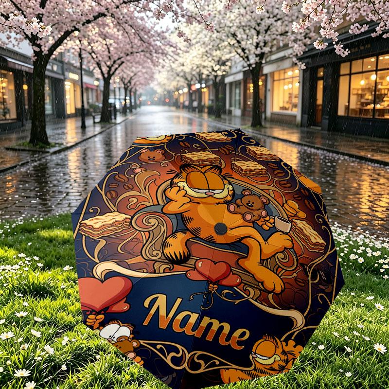 Personalisierter Garfield-Druckschirm mit individuellem Namen, Automatisches Öffnen und Schließen, Stabiler 8-Rippen-Rahmen, Für Pendeln, Camping, Wandern, Geburtstagsgeschenk