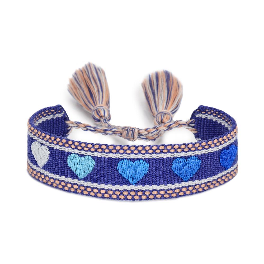 

Adjustable European-American Braided Bracelet with Embroidered Heart, Tassel & Chain Ornament, Handmade Spring Style.