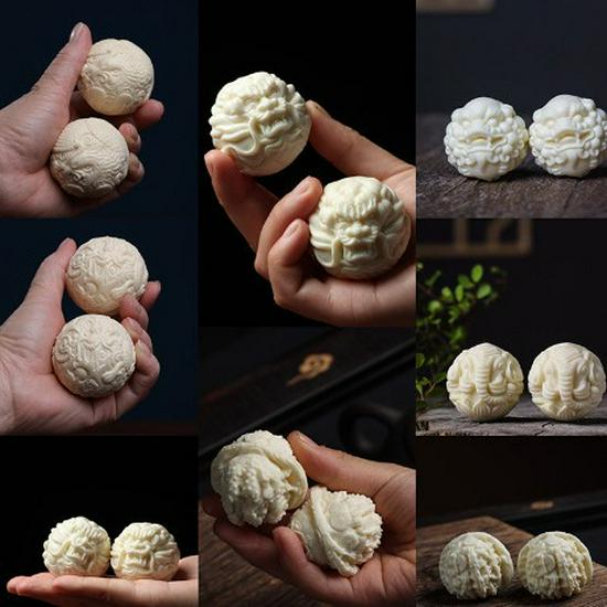 Ivory Dragon & Phoenix Fruit Massage Hand Balls - Wooden Walnut Health Gift for Elders
