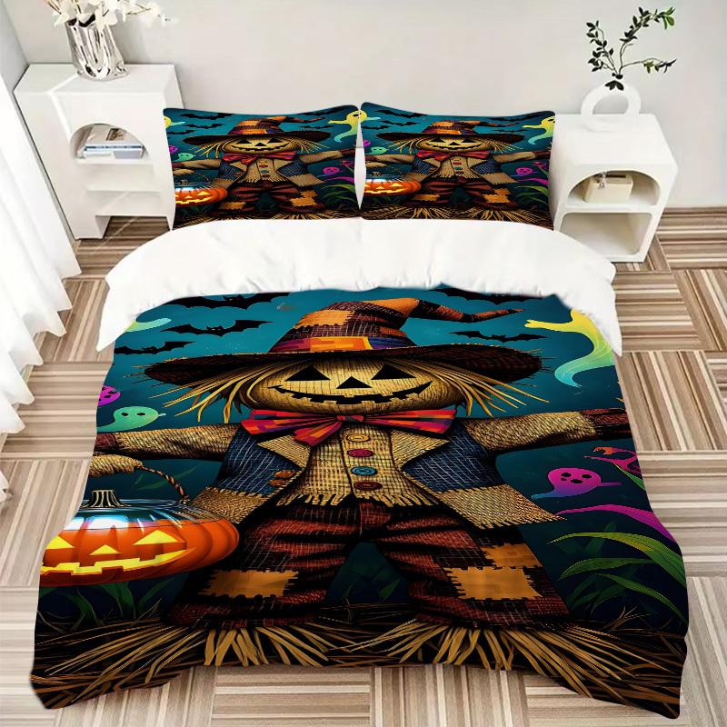 3pcs Halloween Scarecrow Bedding Set - 1 Duvet Cover + 2 Pillowcases(Core Not Included), Machine Washable Polyester, All-Season Comfort, Bed