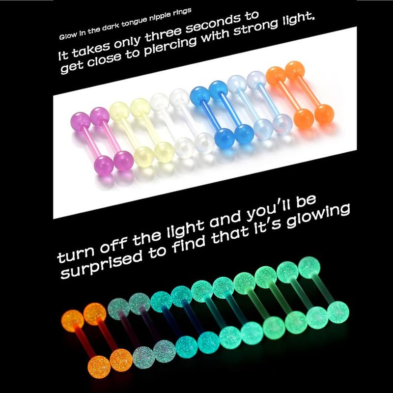 12PCS/24PCS 14G 16mm Glow In Dark Flexible Acrylic Straight Tongue Rings Plastic Nipple Ring Retainer Body Piercing Jewelry