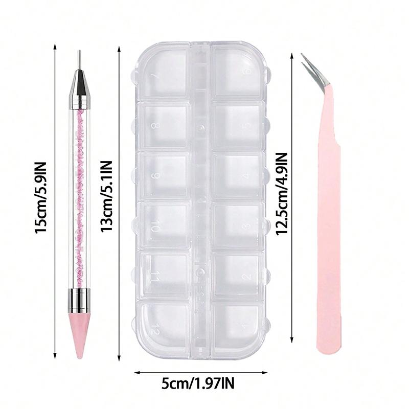 3 Pieces/set of Sparkling Diamond Drawing Rhinestone Tools Include Premium Tweezers and Pick Up Pencils Complete Nail Rhinestone Storage Kit