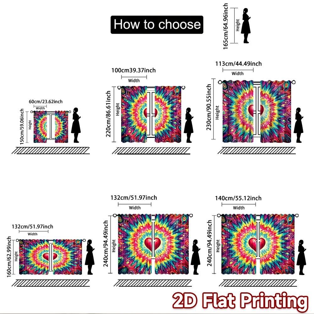 2D Flat Printing 2pcs Drapes Colorful Heart Tie Dye Digital Printed Polyester Drapes Festive Curtains Perfect for Yard & Garden