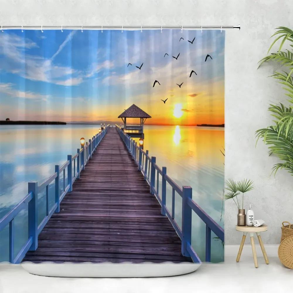 Paesaggio Marino Tenda da Bagno Doccia Tenda da Doccia Tropicale Oceano Spiaggia Foglia di Palma Lavabile Tende da Bagno Tessuto in Poliestere Decorazione per la Casa