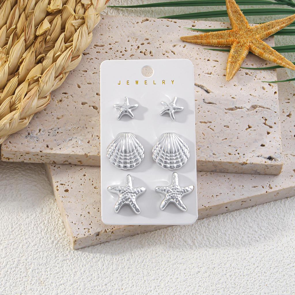 6Pcs Exquisite Starfish Shell Stud Earrings Fashionable CCB Earring Set Women's Summer Beach Party Jewelry Gifts