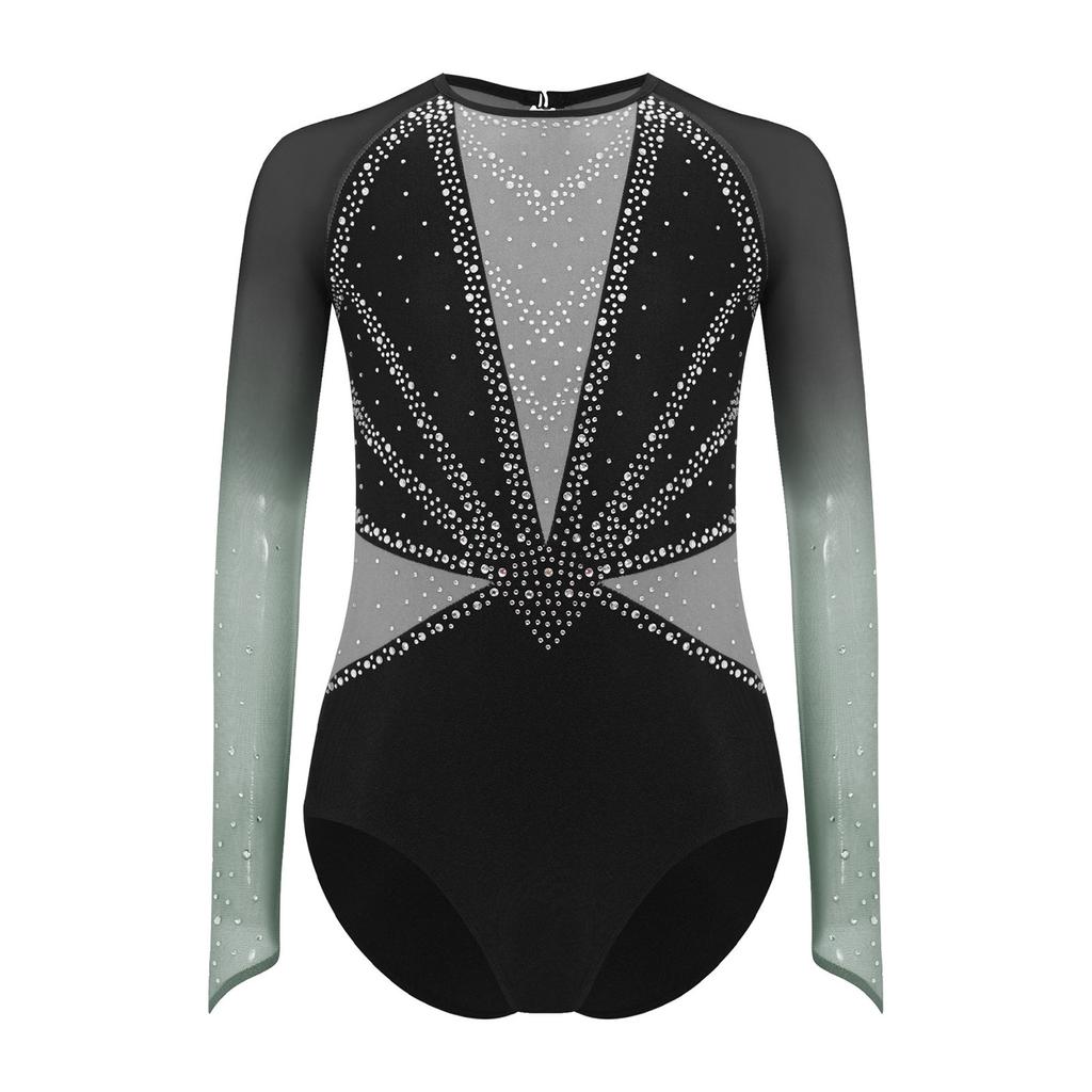 Costum de Gimnastică și Dans pentru Fete cu Mâneci Lungi din Plasă, Decolteu la Spate, Strălucitor cu Strass-uri, Leotard Color-Block