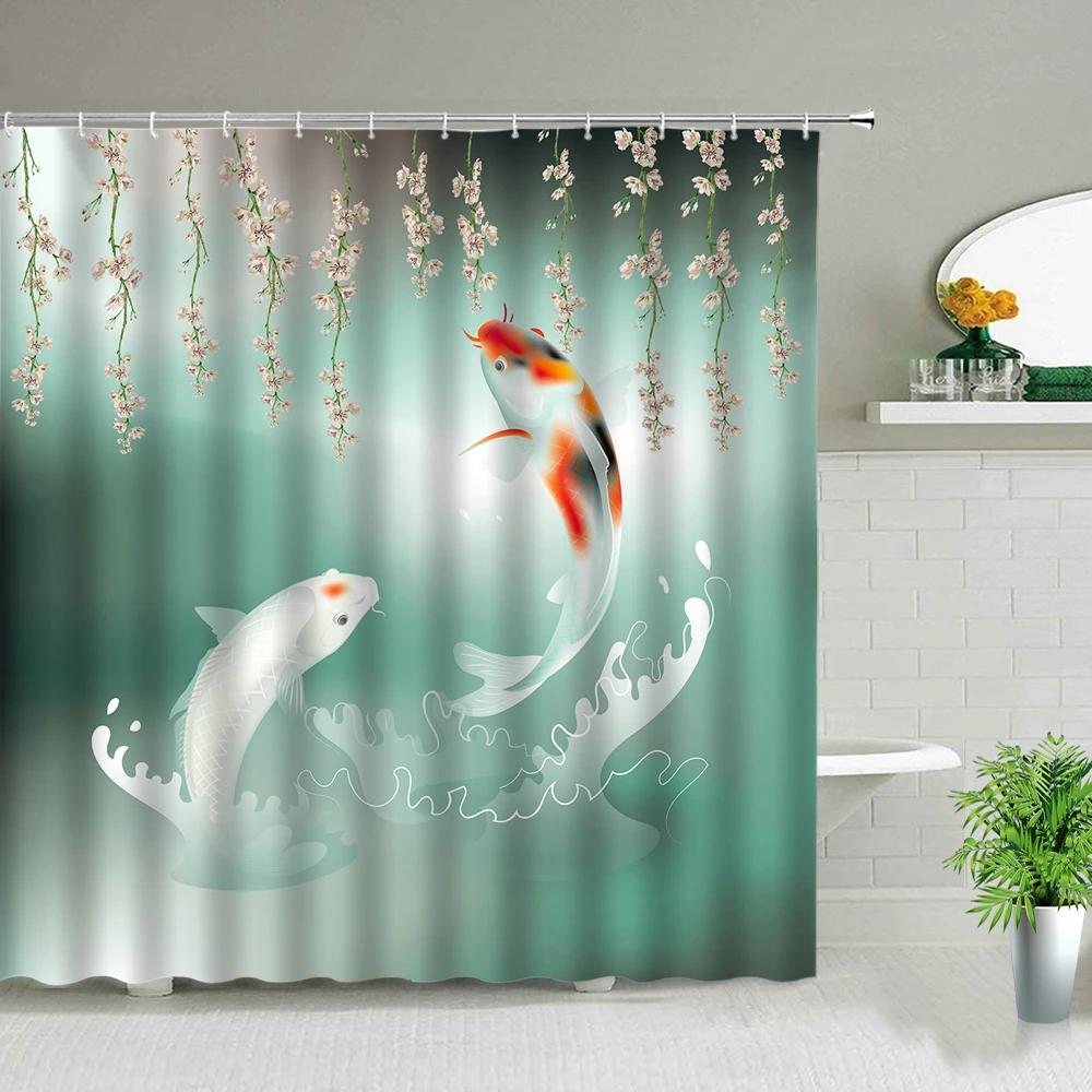 Modern Chinese Style Koi Fish Scenery Shower Curtain Bathroom Screen Waterproof Fabric Background Wall Decor Hanging Curtains