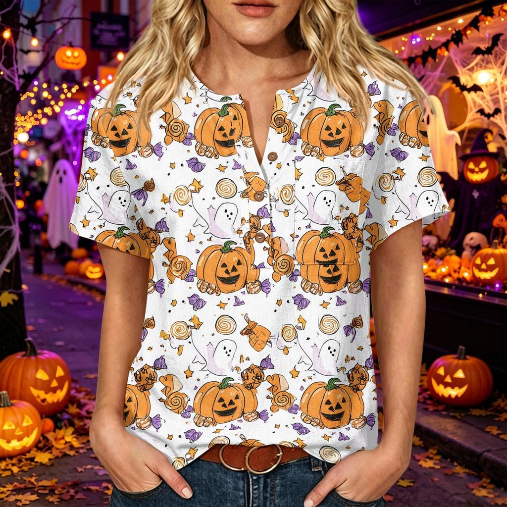 Women's Casual Halloween Print V Neck Short Sleeve Button Detail Three Quarter Sleeve T Shirt Top for Everyday Wear