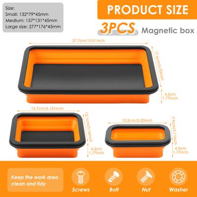 Collapsible Magnetic Parts Tray Set 3 Different Size Tool Silicone Trays for Screw, Bolts, Nuts, Washers, Pins and Other Parts