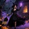 Durable Reuseable Broom Halloween Witch Broom, Black Tulle Cosplay Costume, Gothic Home Ornament Rose Skeleton Hand Broomstick for Party, Decor Indoor