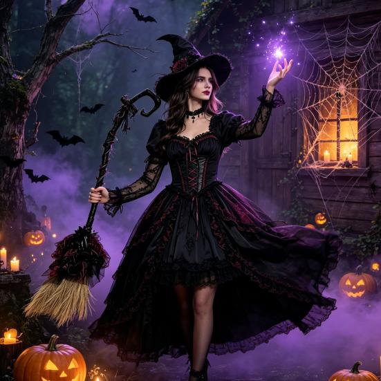 Durable Reuseable Broom Halloween Witch Broom, Black Tulle Cosplay Costume, Gothic Home Ornament Rose Skeleton Hand Broomstick for Party, Decor Indoor