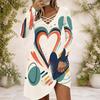 Damen Cross V-Ausschnitt Langarmkleid Aquarell Spritzer Herz Muster Unregelmäßiger Saum Kleid