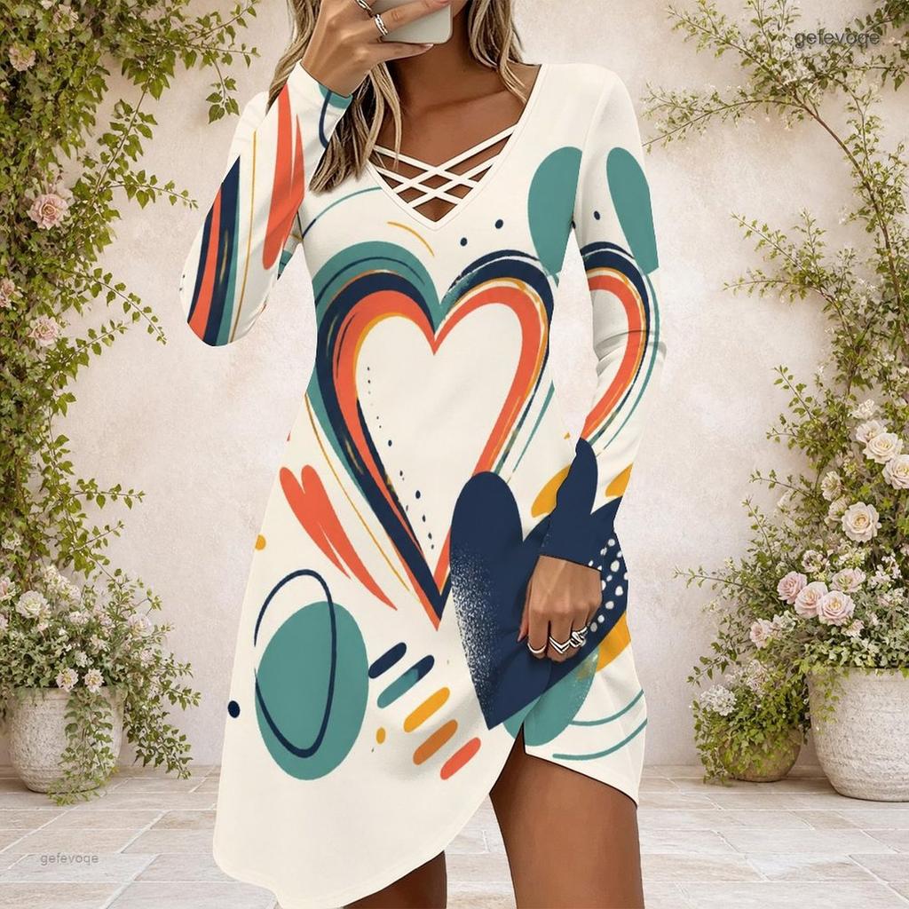 Damen Cross V-Ausschnitt Langarmkleid Aquarell Spritzer Herz Muster Unregelmäßiger Saum Kleid