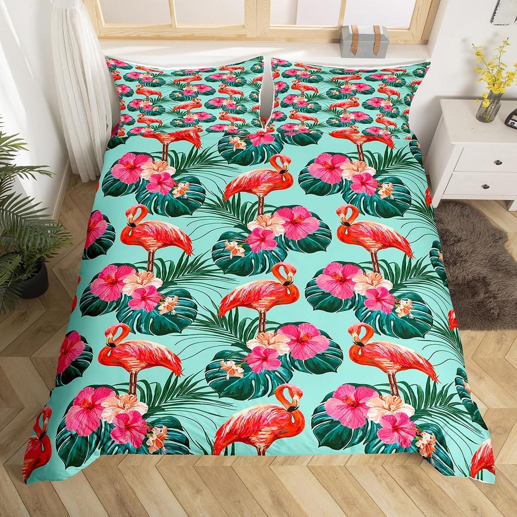 Chic Flamingo Duvet Cover Queen Beach Theme Tropical Animal Bedding Set, Coastal Sunset Comforter Cover Cute Wildlife Bed Set