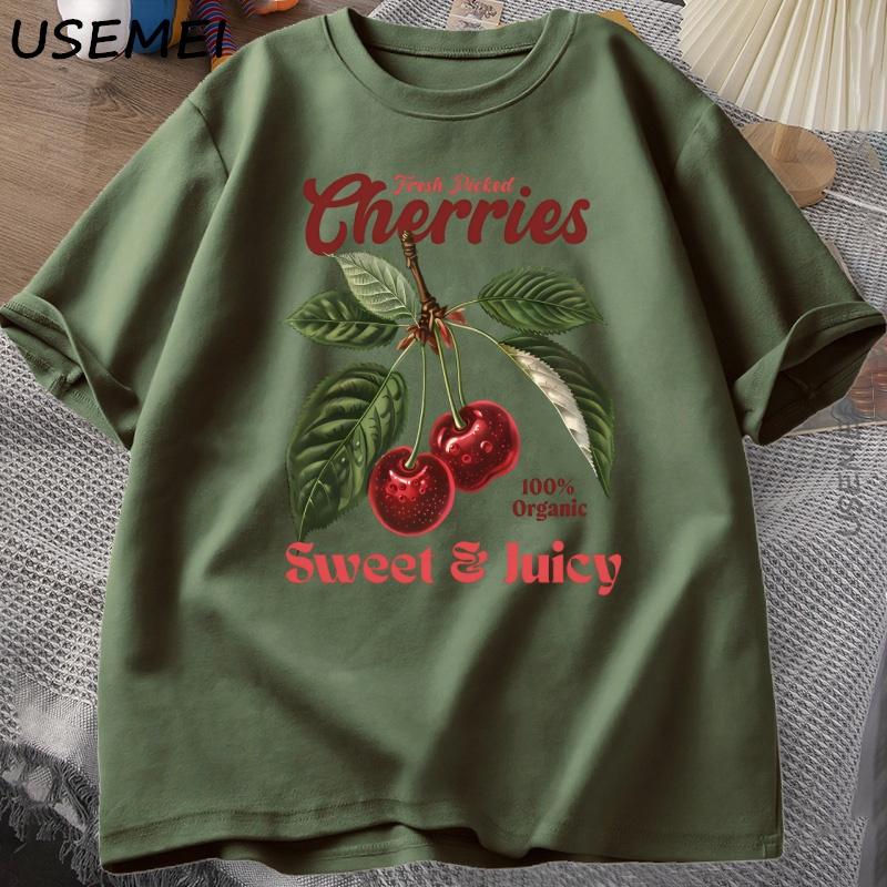 Retro Cherries TShirt Women Unisex Cherry TShirts Cotton Y2k Style T Shirt Summer Short Sleeve Round Neck Tees Unisexs Clothing