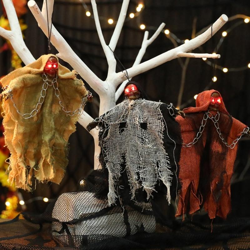 Witch Skeleton Hanging Ornament with Light up Eye Halloween Ghostly Witch Ceiling Decoration for Doorway Patios Garden