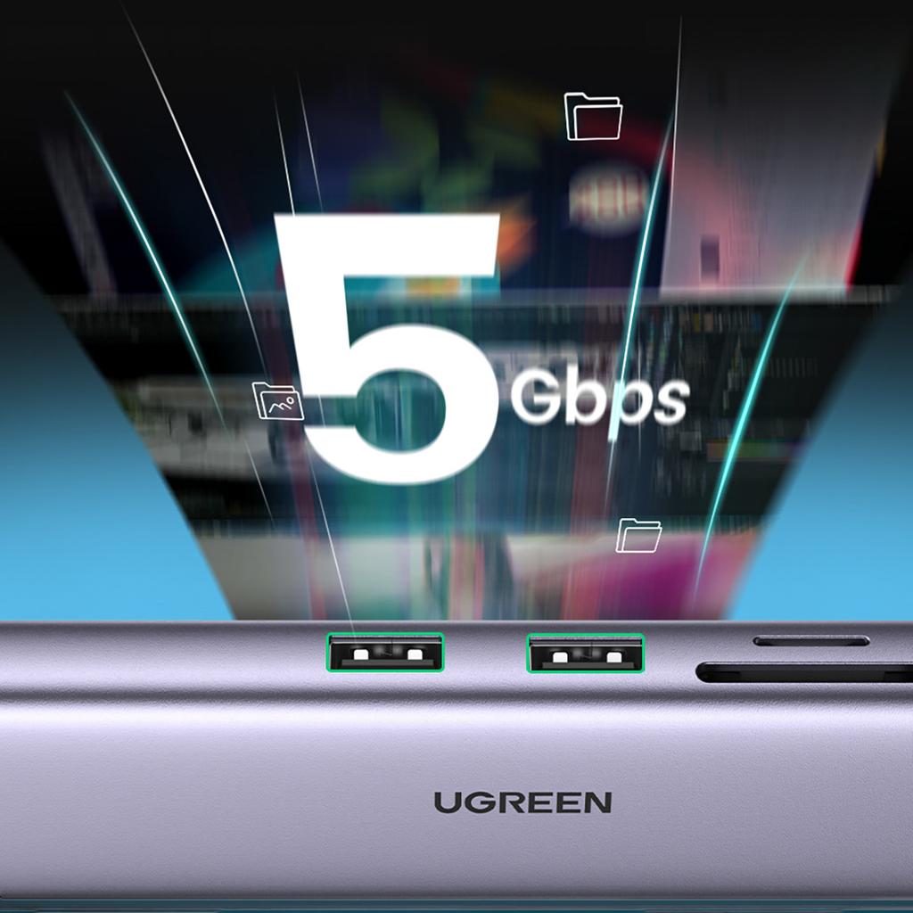 Ugreen CM512 Multiport USB-C Hub: Dual USB-A 3.0, HDMI, Ethernet, SD/TF Card Reader, 100W Power Delivery - Gray