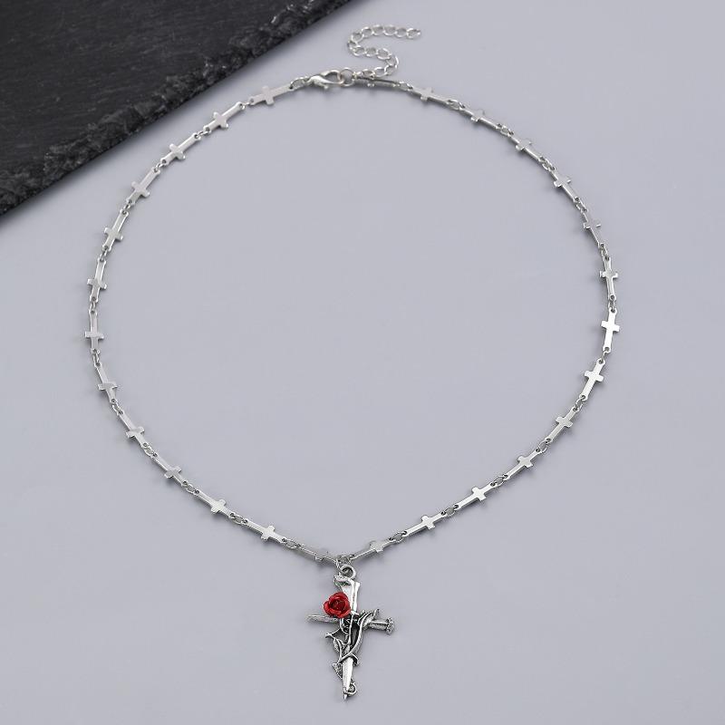 Punk Gothic Red Rose Vine Cross Pendant Necklace for Women Men Vintage Rock Cool Silver Color Cross Chain Party Jewelry Gifts