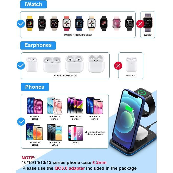 Foldable Wireless Charger for Multiple Devices 3 in 1 Wireless Charging Station for Travel, Compatible with iPhone 16 15 14 13 12 11/Pro/XR, Charging